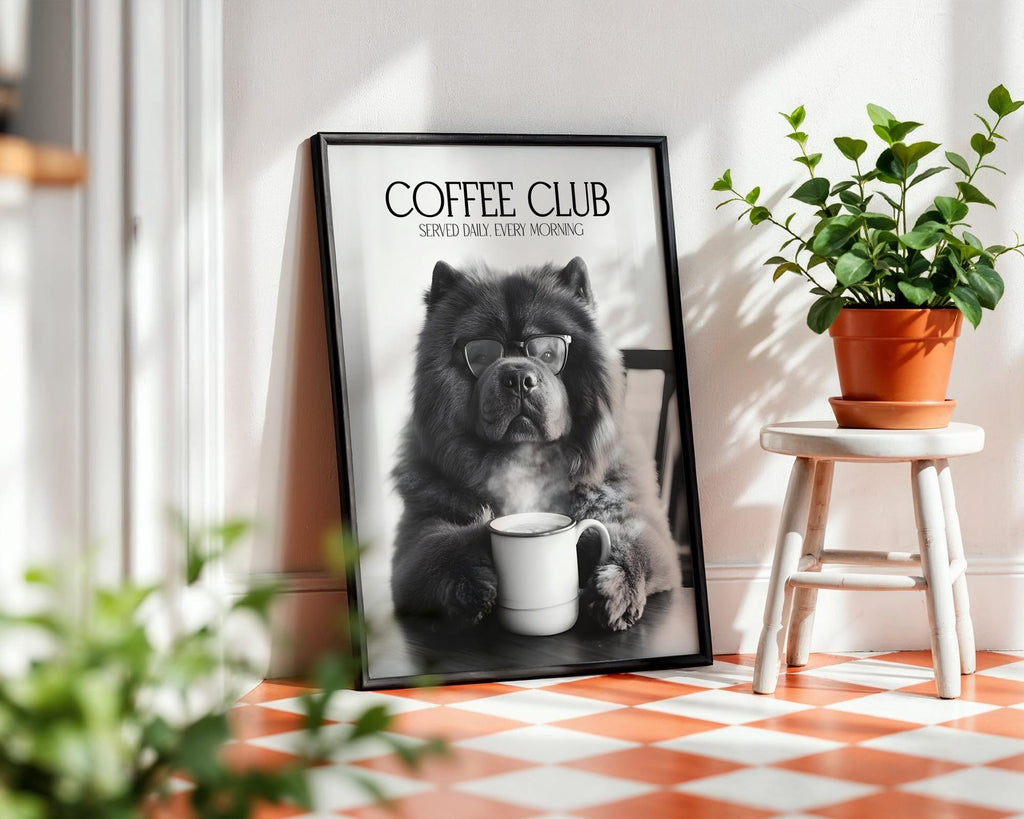 Chow Chow Print, Funny Pet Wall Art, Dogs Drinking Coffee Wall Art, Black and White Kitchen Print, Funny Dog Poster A4 A5