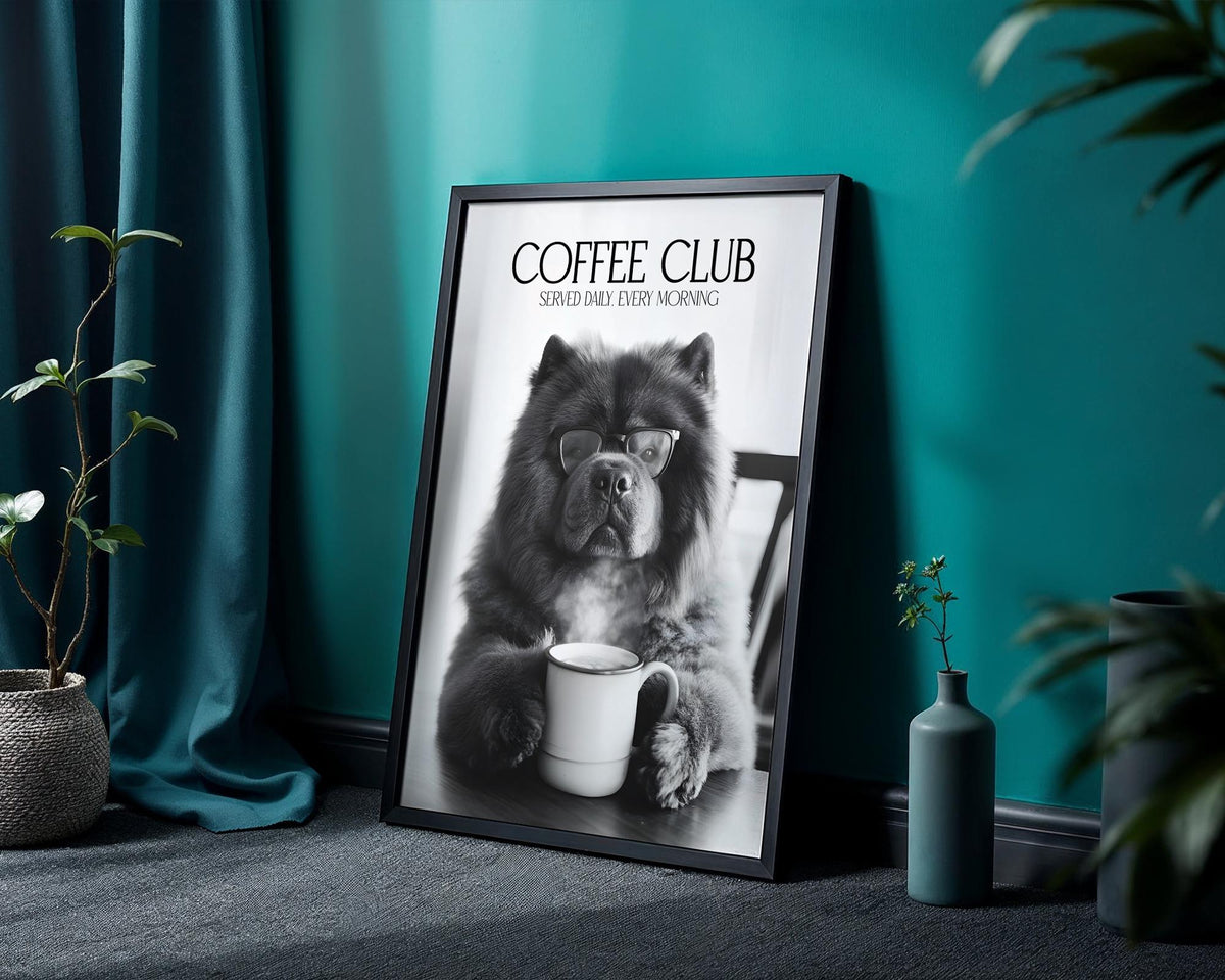 Chow Chow Print, Funny Pet Wall Art, Dogs Drinking Coffee Wall Art, Black and White Kitchen Print, Funny Dog Poster A4 A5