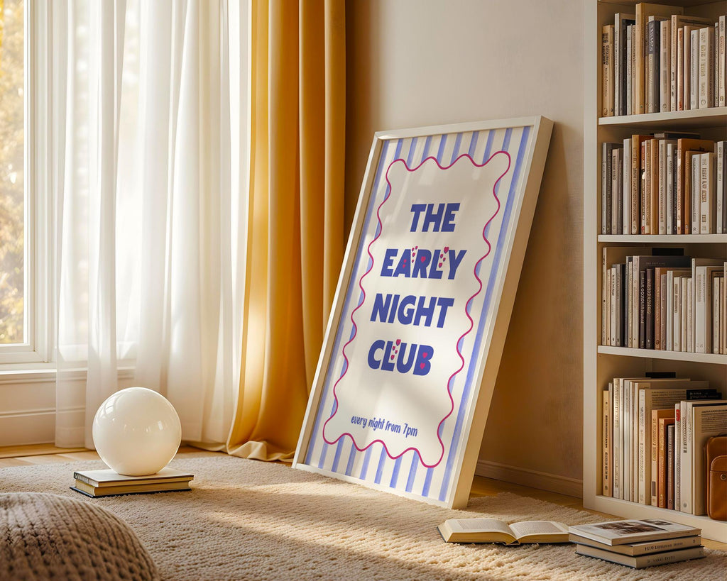 Early Night Club Print, Unframed Art, Maximalist Art Prints, Typography Poster For Bedroom, Cute Striped Wall Art Blue, Popular Wall Art