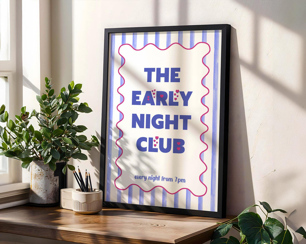 Early Night Club Print, Unframed Art, Maximalist Art Prints, Typography Poster For Bedroom, Cute Striped Wall Art Blue, Popular Wall Art