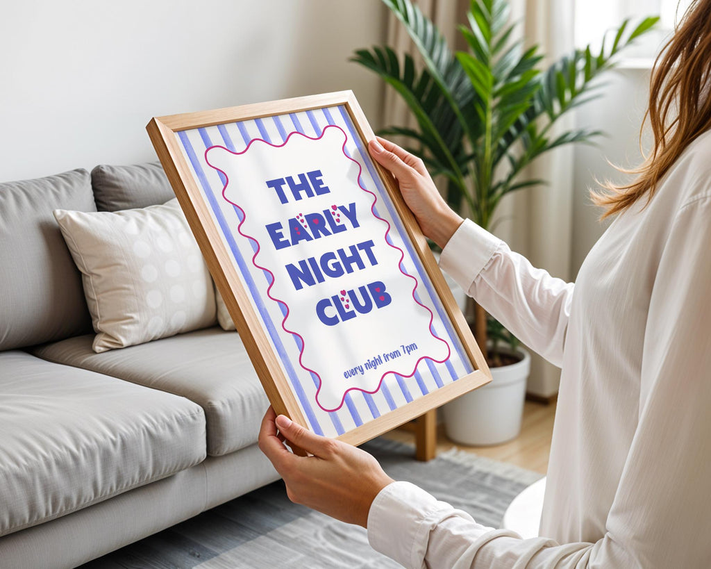 Early Night Club Print, Unframed Art, Maximalist Art Prints, Typography Poster For Bedroom, Cute Striped Wall Art Blue, Popular Wall Art