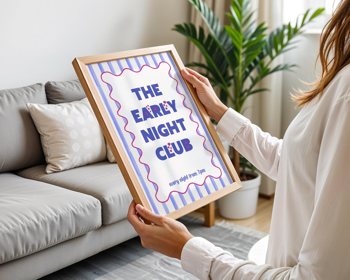Early Night Club Print, Unframed Art, Maximalist Art Prints, Typography Poster For Bedroom, Cute Striped Wall Art Blue, Popular Wall Art