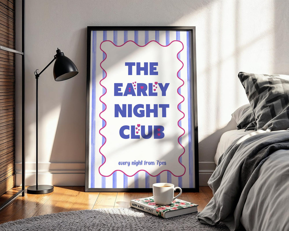 Early Night Club Print, Unframed Art, Maximalist Art Prints, Typography Poster For Bedroom, Cute Striped Wall Art Blue, Popular Wall Art