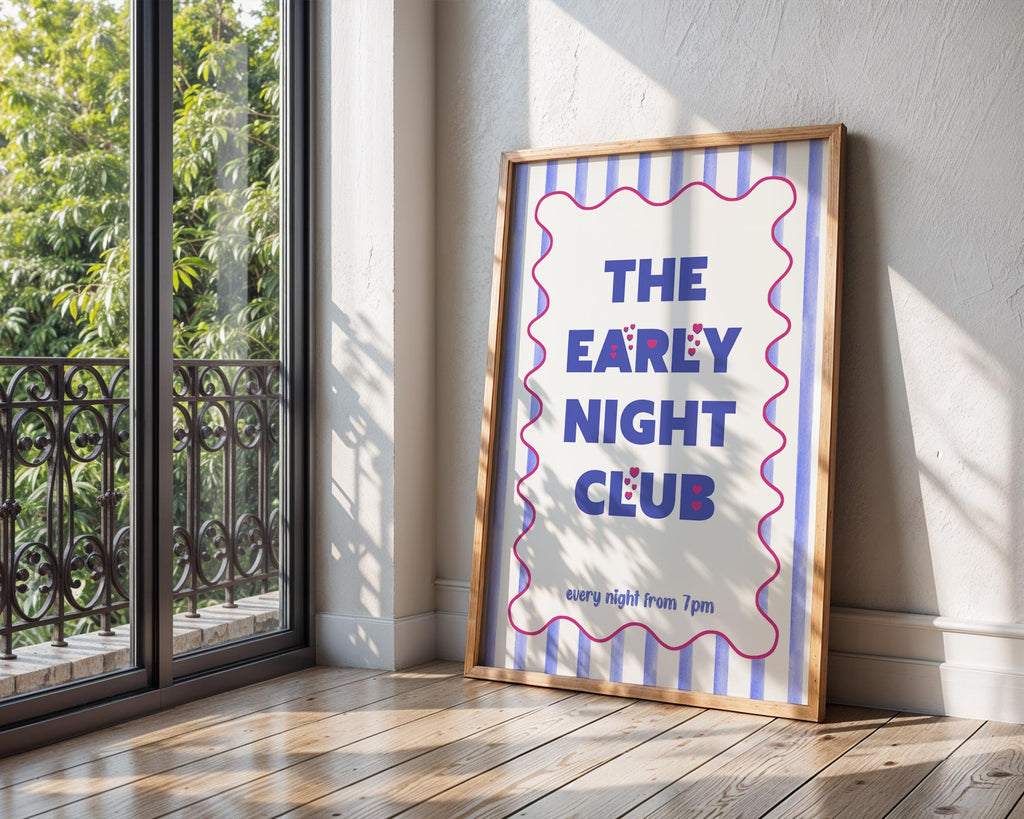 Early Night Club Print, Unframed Art, Maximalist Art Prints, Typography Poster For Bedroom, Cute Striped Wall Art Blue, Popular Wall Art
