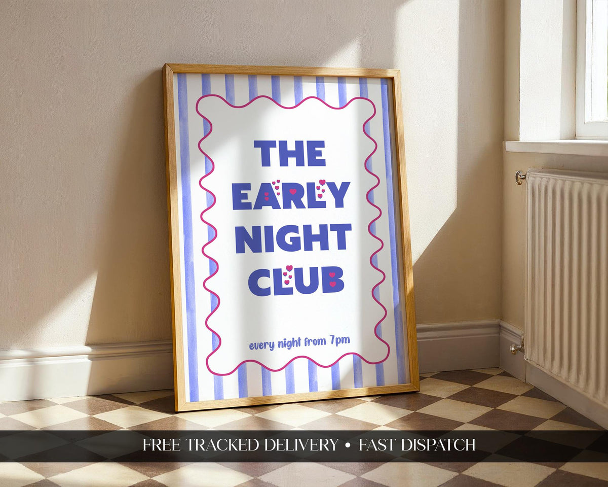 Early Night Club Print, Unframed Art, Maximalist Art Prints, Typography Poster For Bedroom, Cute Striped Wall Art Blue, Popular Wall Art