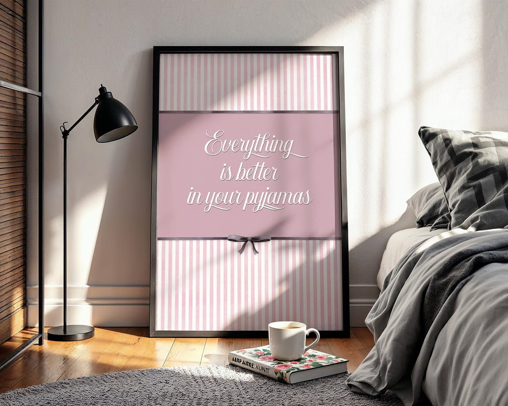 Pyjama print, preppy girls print, bed art, wall art girls print, bedroom poster, bedroom decor, coquette bedroom art print cute pink decor
