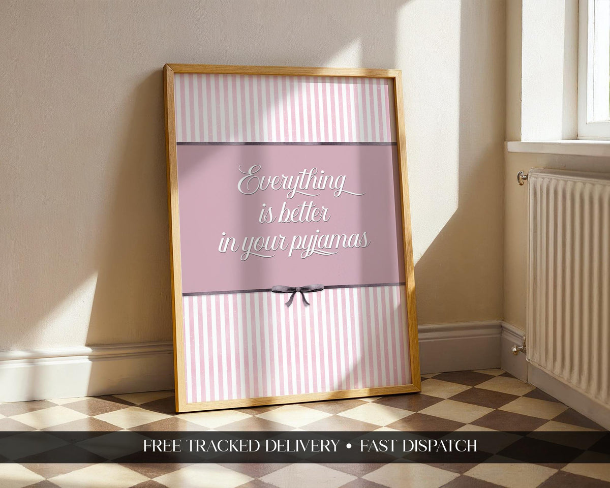 Pyjama print, preppy girls print, bed art, wall art girls print, bedroom poster, bedroom decor, coquette bedroom art print cute pink decor