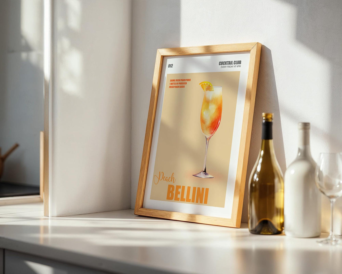Peach Bellini Print, Prosecco Cocktail Wall Art, Cocktail Recipe Poster For Kitchen, Wall Art For Bar Cart, Signature Drinks Sign