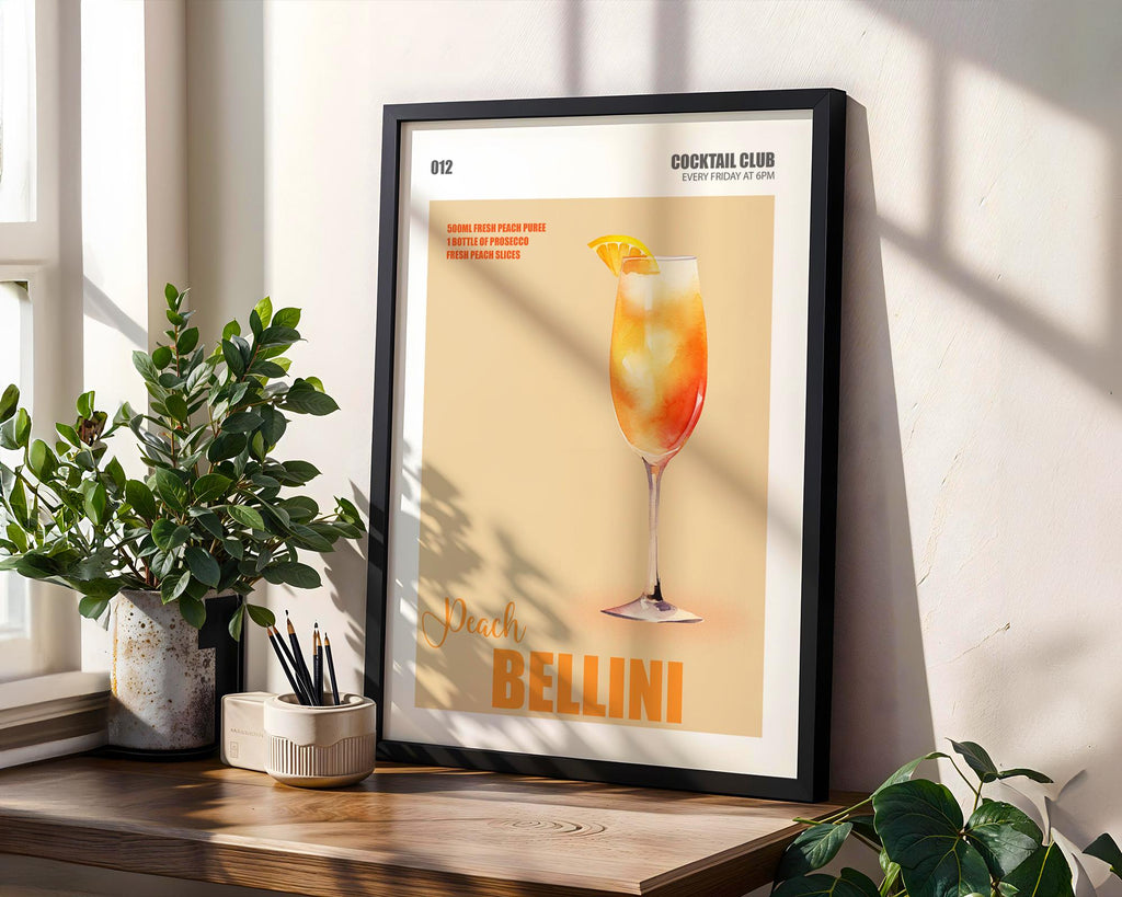Peach Bellini Print, Prosecco Cocktail Wall Art, Cocktail Recipe Poster For Kitchen, Wall Art For Bar Cart, Signature Drinks Sign