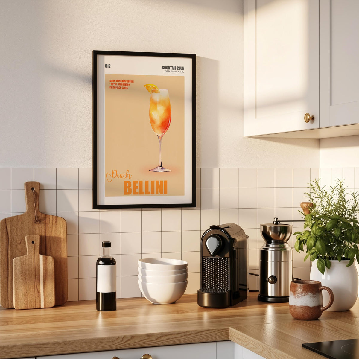 Peach Bellini Print, Prosecco Cocktail Wall Art, Cocktail Recipe Poster For Kitchen, Wall Art For Bar Cart, Signature Drinks Sign