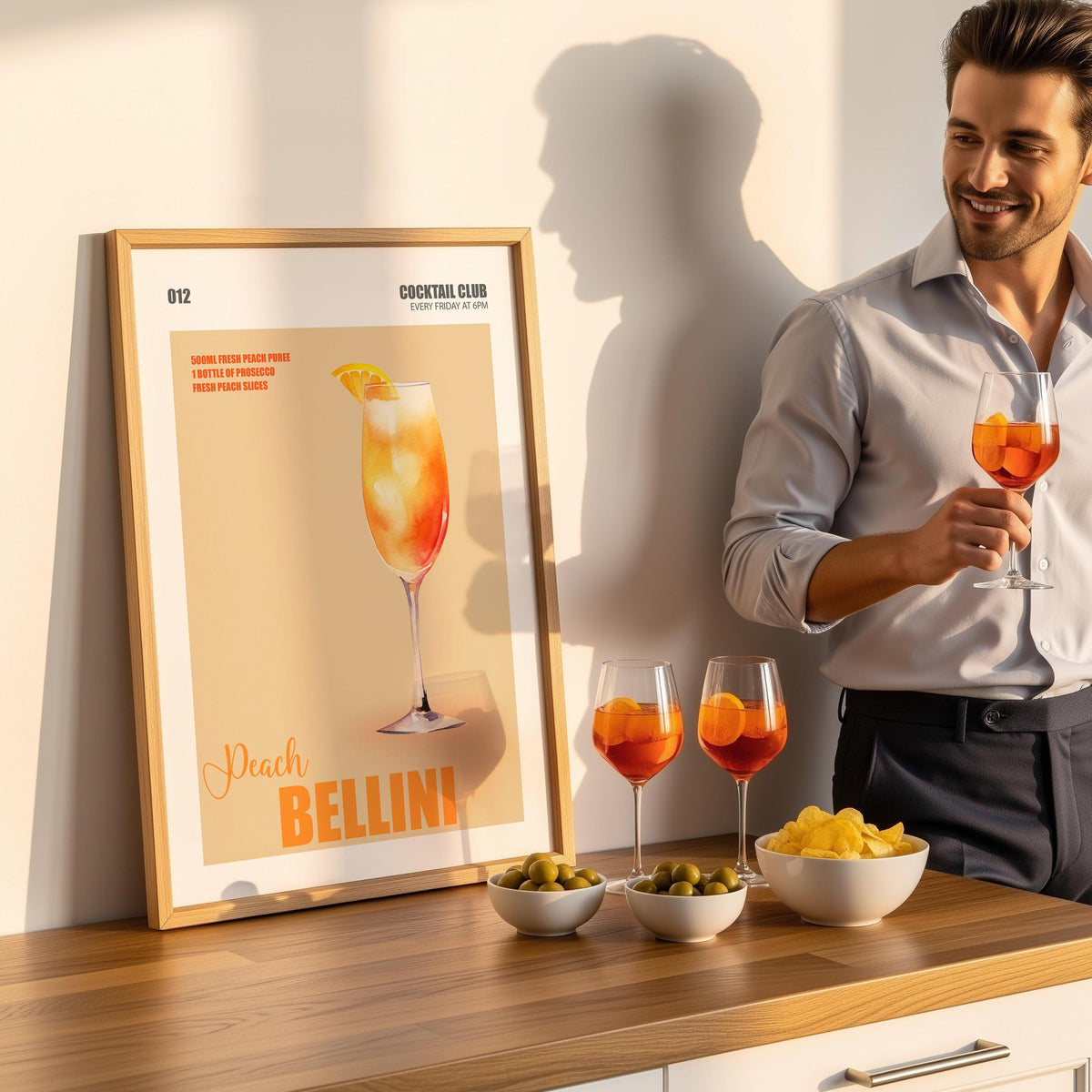 Peach Bellini Print, Prosecco Cocktail Wall Art, Cocktail Recipe Poster For Kitchen, Wall Art For Bar Cart, Signature Drinks Sign
