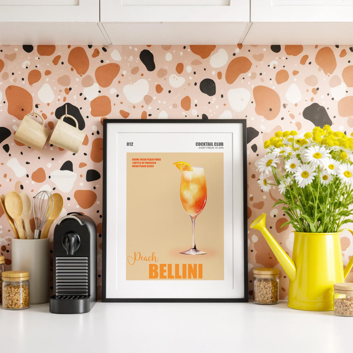 Peach Bellini Print, Prosecco Cocktail Wall Art, Cocktail Recipe Poster For Kitchen, Wall Art For Bar Cart, Signature Drinks Sign
