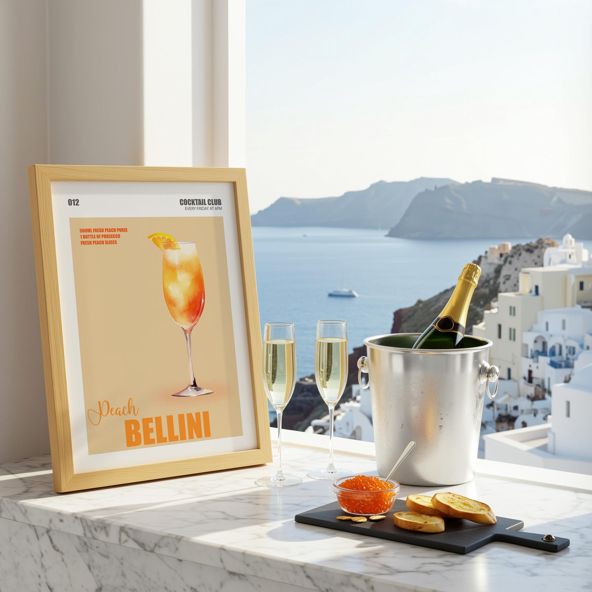 Peach Bellini Print, Prosecco Cocktail Wall Art, Cocktail Recipe Poster For Kitchen, Wall Art For Bar Cart, Signature Drinks Sign
