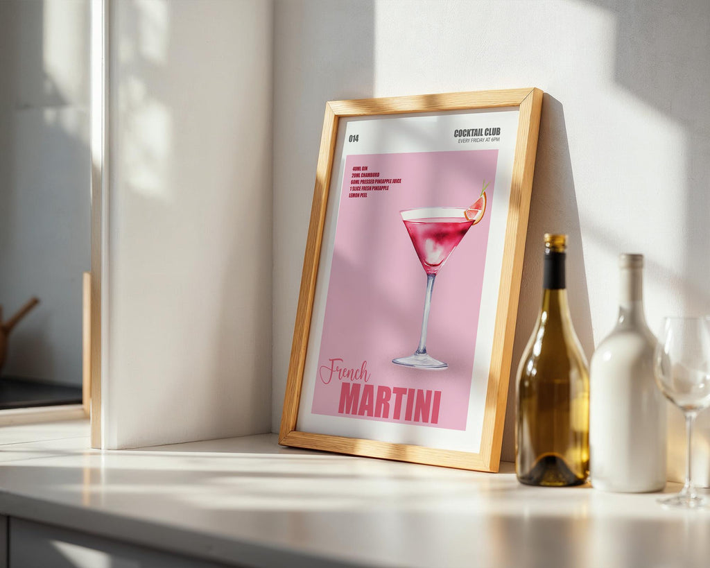 French Martini Cocktail Art, Martini Cocktail Poster, Bar Cart Decor Funky, Home Bar Cocktail Print, Cocktail Prints for Kitchen