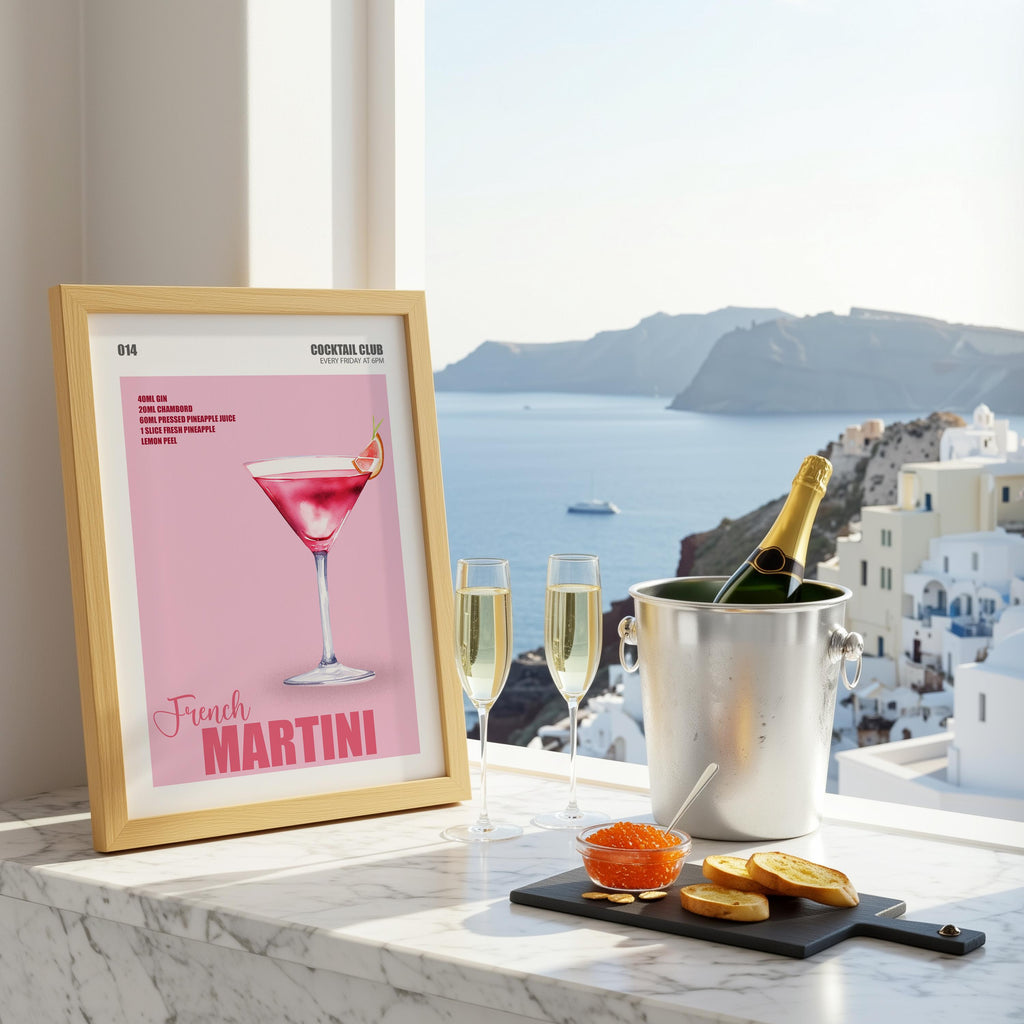 French Martini Cocktail Art, Martini Cocktail Poster, Bar Cart Decor Funky, Home Bar Cocktail Print, Cocktail Prints for Kitchen