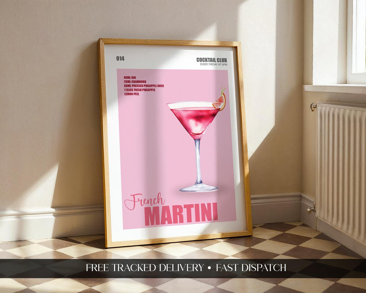 French Martini Cocktail Art, Martini Cocktail Poster, Bar Cart Decor Funky, Home Bar Cocktail Print, Cocktail Prints for Kitchen