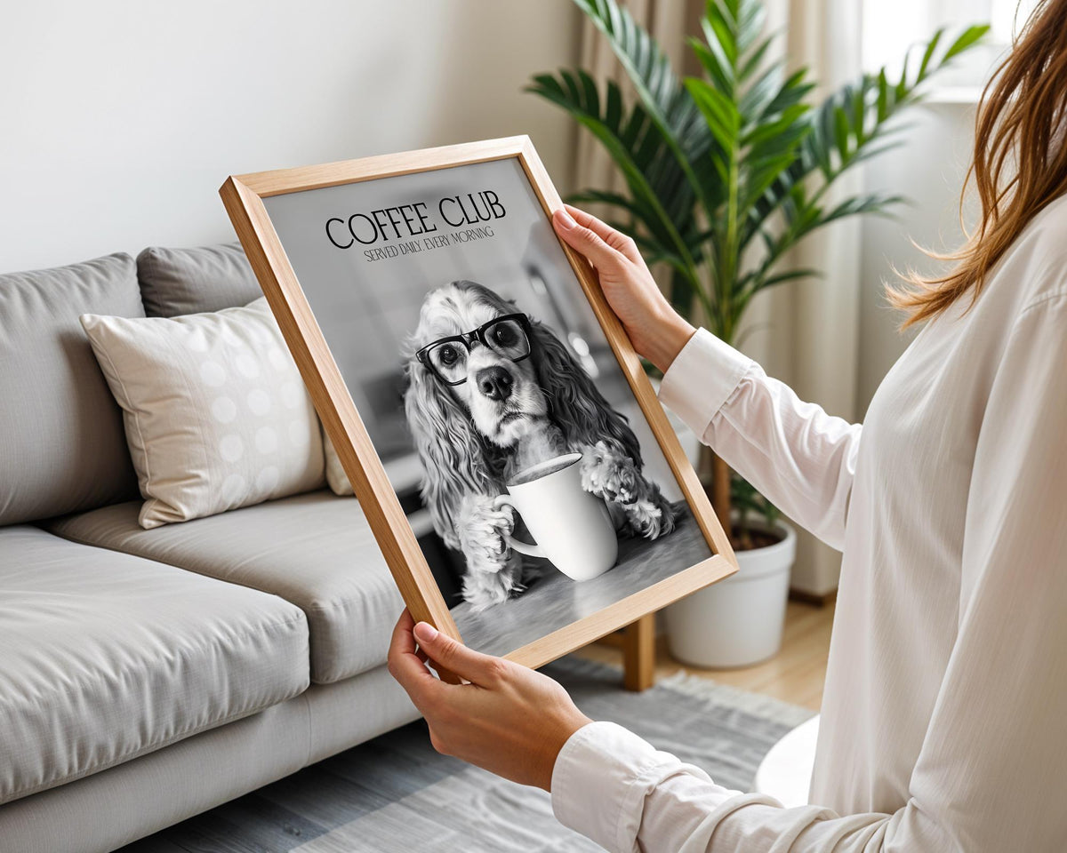 Cocker Spaniel Print, Dogs Drinking Coffee Kitchen Decor, Monochrome Animal Art Poster, Coffee Machine Print, Coffee Club Wall Art, A4 A5