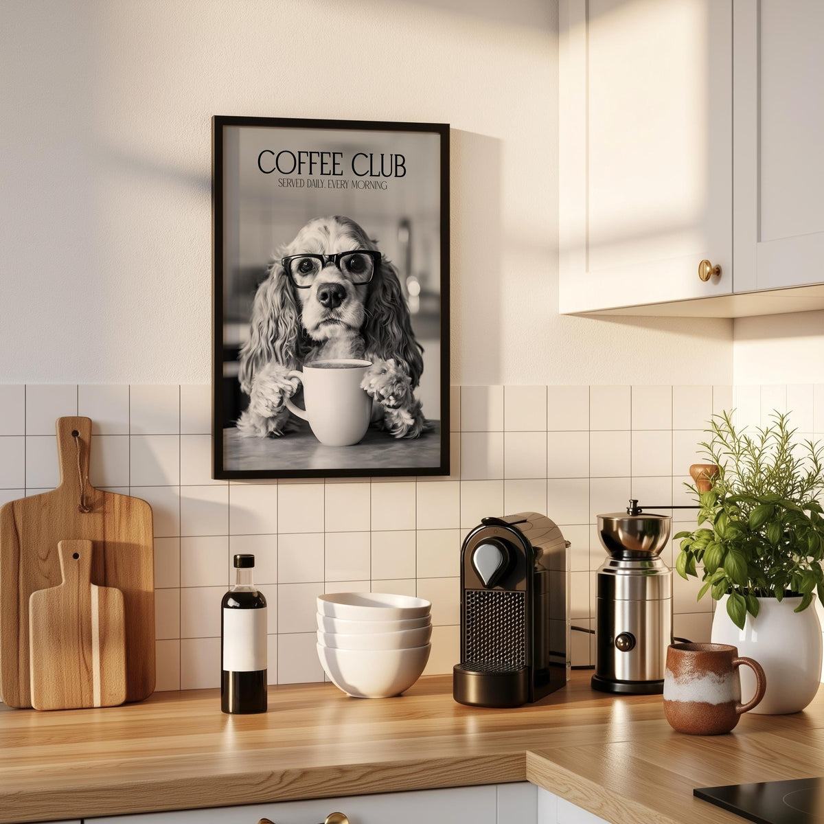 Cocker Spaniel Print, Dogs Drinking Coffee Kitchen Decor, Monochrome Animal Art Poster, Coffee Machine Print, Coffee Club Wall Art, A4 A5