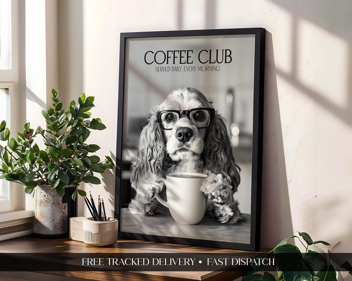 Cocker Spaniel Print, Dogs Drinking Coffee Kitchen Decor, Monochrome Animal Art Poster, Coffee Machine Print, Coffee Club Wall Art, A4 A5
