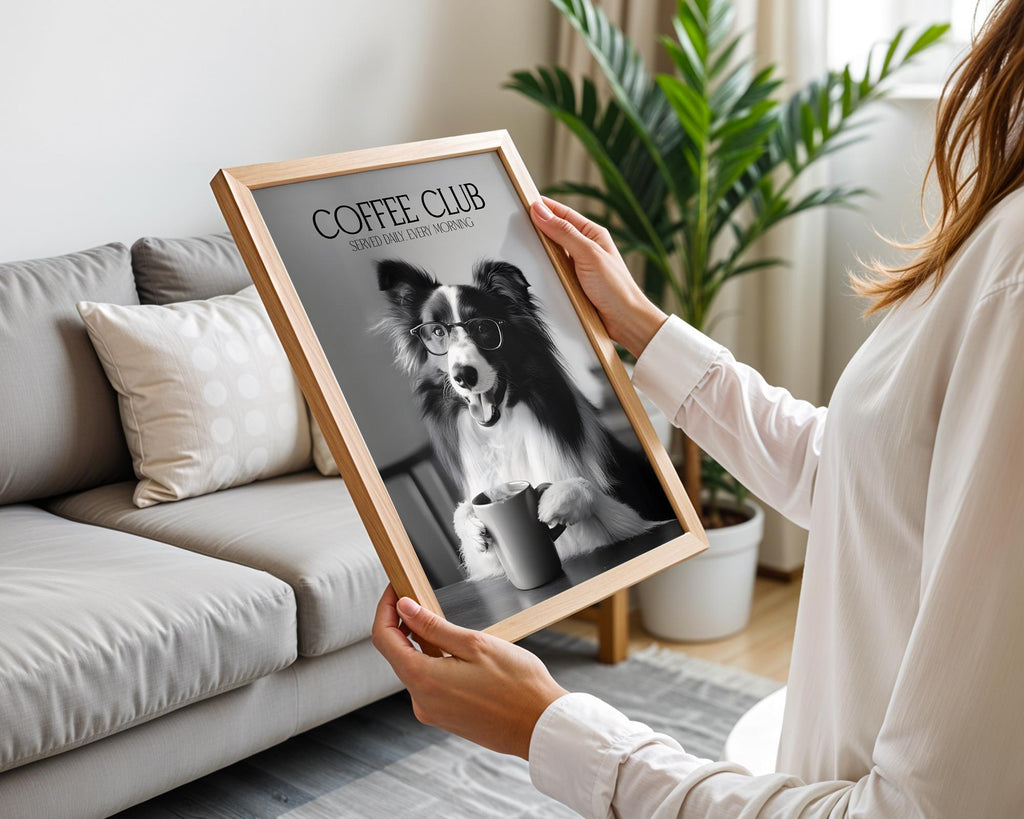 Border Collie Print, Funny Dog Gift, Black & White Dogs Drinking Poster, Coffee Club Kitchen Wall Art, Gifts For A Dog Owner, Coffee Lover