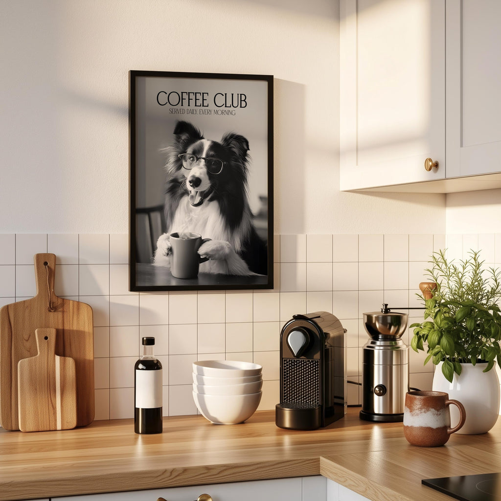 Border Collie Print, Funny Dog Gift, Black & White Dogs Drinking Poster, Coffee Club Kitchen Wall Art, Gifts For A Dog Owner, Coffee Lover