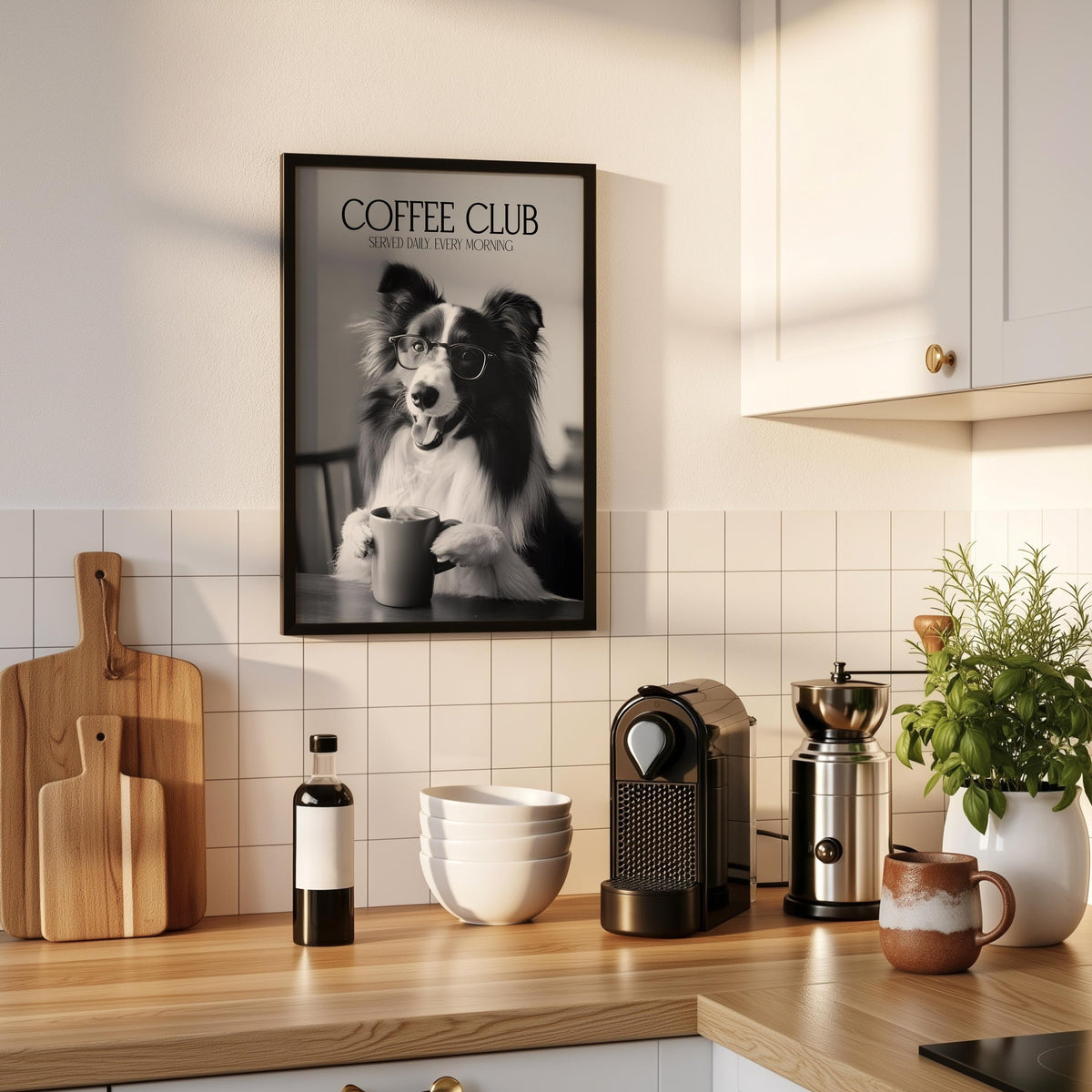 Border Collie Print, Funny Dog Gift, Black & White Dogs Drinking Poster, Coffee Club Kitchen Wall Art, Gifts For A Dog Owner, Coffee Lover