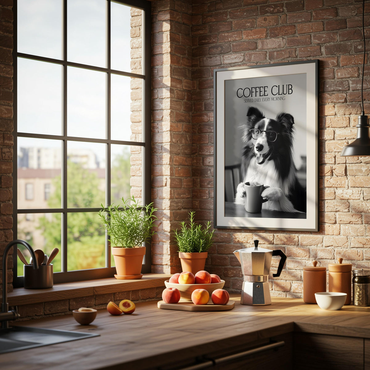 Border Collie Print, Funny Dog Gift, Black & White Dogs Drinking Poster, Coffee Club Kitchen Wall Art, Gifts For A Dog Owner, Coffee Lover