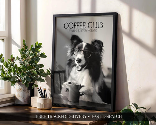 Border Collie Print, Funny Dog Gift, Black & White Dogs Drinking Poster, Coffee Club Kitchen Wall Art, Gifts For A Dog Owner, Coffee Lover