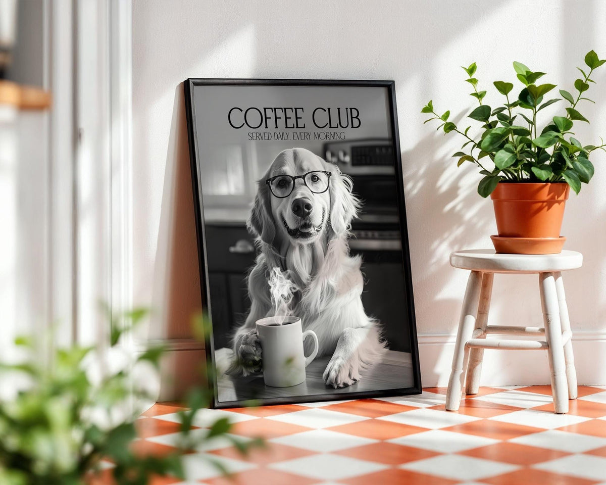 Golden Retriever Wall Art, Black & White Dog Poster, Golden Retriever Kitchen Print, Coffee Poster, Dog Home Decor Gift A4 A5