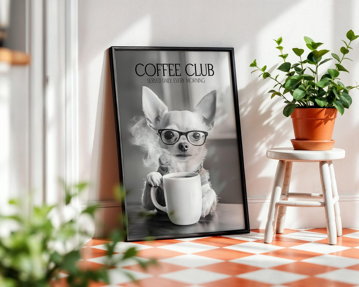 Chihuahua Print, Funny Dog Wall Art, Dogs Drinking Poster, Coffee Club Poster, Dog Lover Home Decor, Pet Dog Wall Decor A4 A5