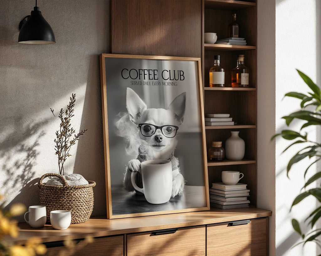 Chihuahua Print, Funny Dog Wall Art, Dogs Drinking Poster, Coffee Club Poster, Dog Lover Home Decor, Pet Dog Wall Decor A4 A5