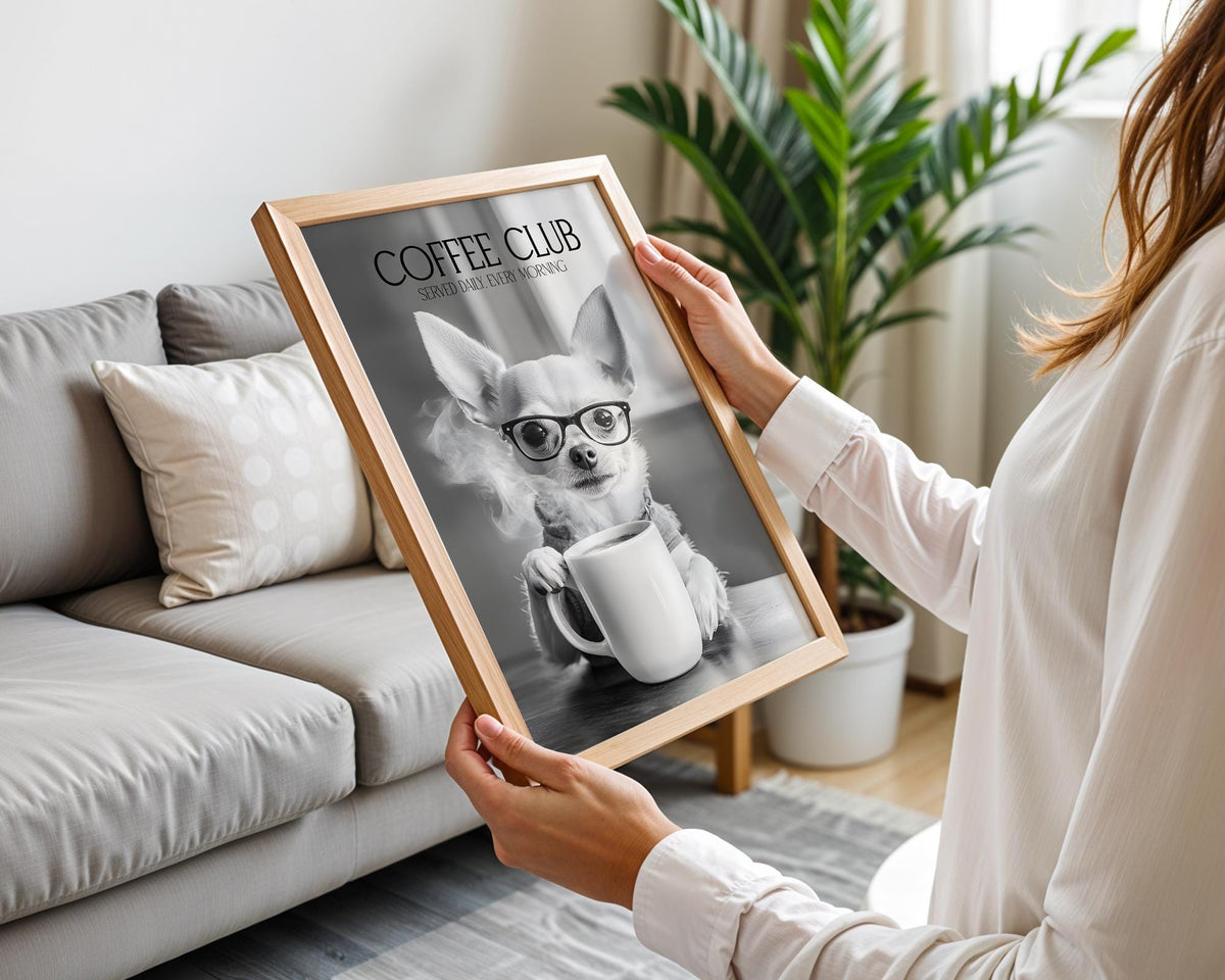 Chihuahua Print, Funny Dog Wall Art, Dogs Drinking Poster, Coffee Club Poster, Dog Lover Home Decor, Pet Dog Wall Decor A4 A5
