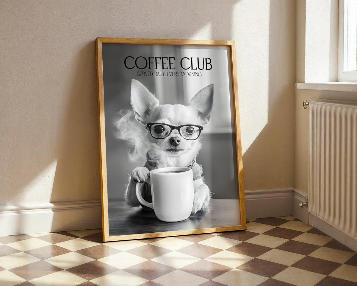Chihuahua Print, Funny Dog Wall Art, Dogs Drinking Poster, Coffee Club Poster, Dog Lover Home Decor, Pet Dog Wall Decor A4 A5