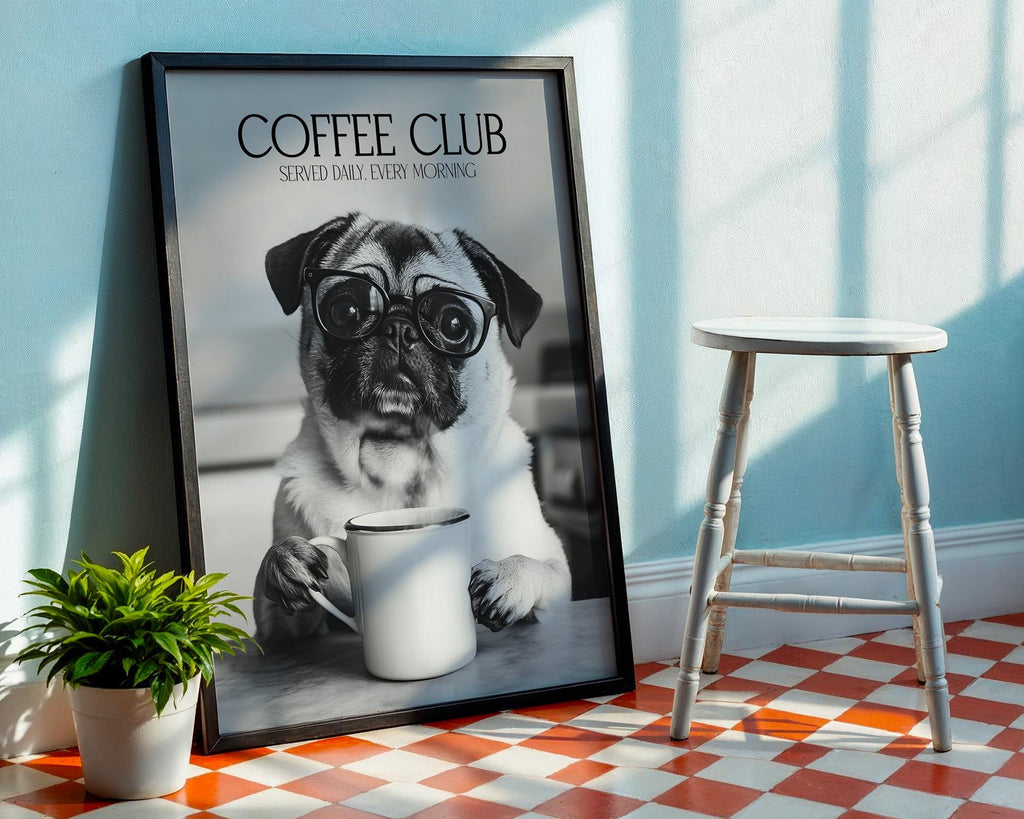 Pug Print, Black & White Animal Wall Decor, Dog Lover Gift, Kitchen Coffee Poster, Cute Pug Wall Art, Pet Portrait A4 A5