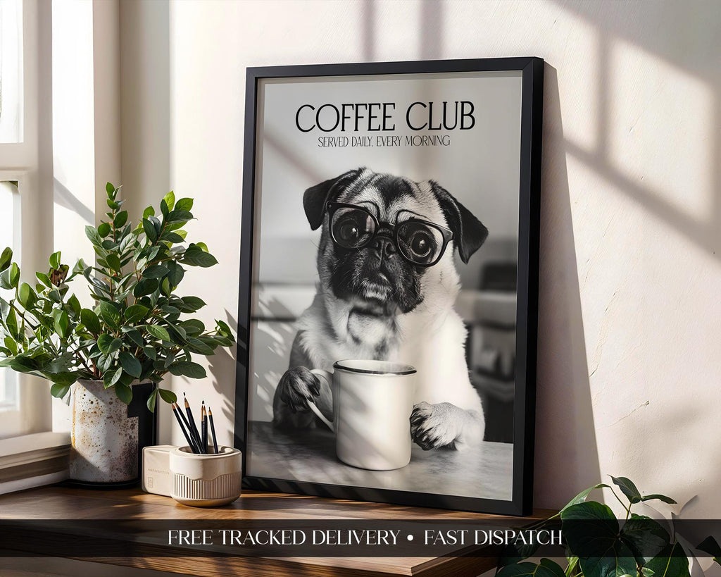 Pug Print, Black & White Animal Wall Decor, Dog Lover Gift, Kitchen Coffee Poster, Cute Pug Wall Art, Pet Portrait A4 A5