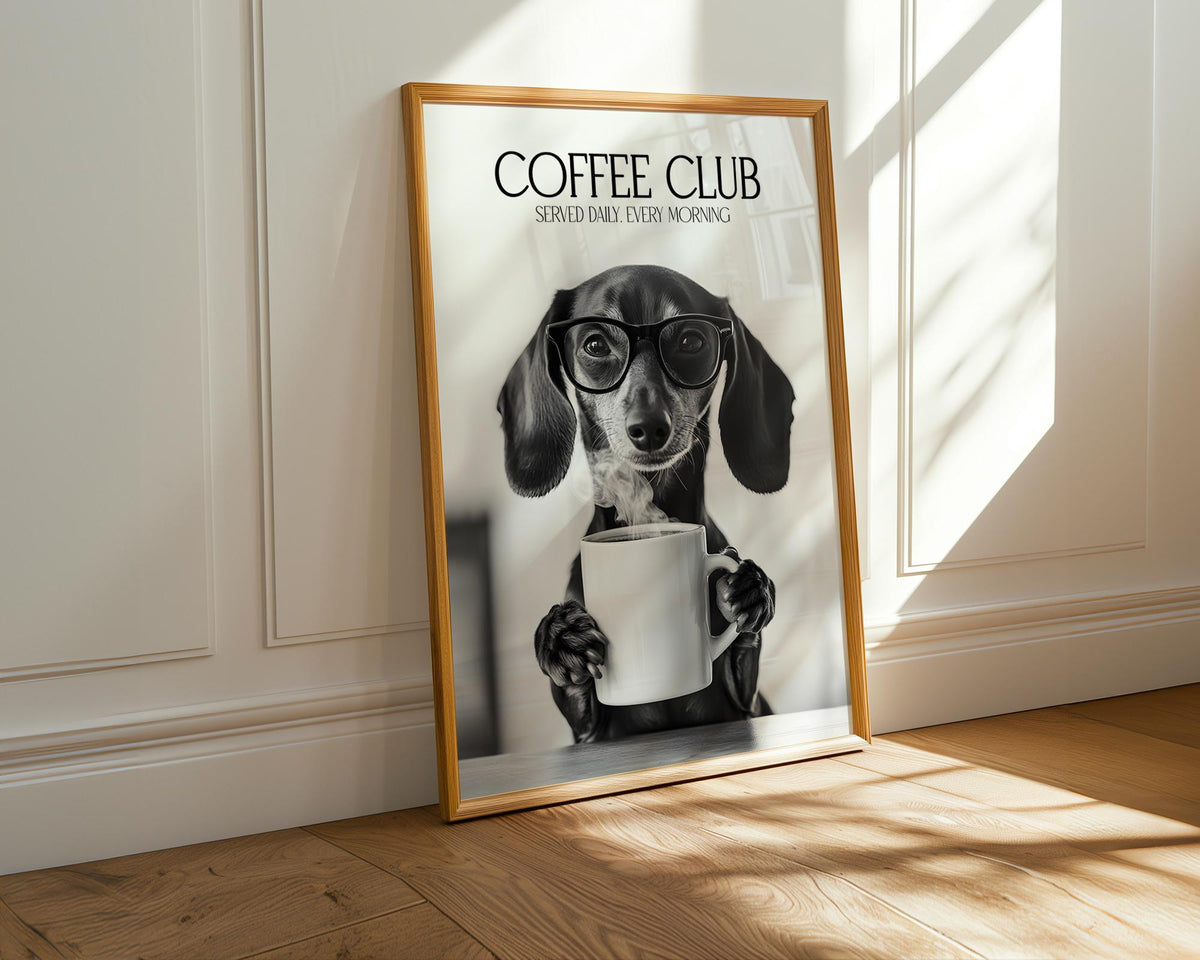 Dachshund Wall Art Print, Sausage Dog Print Funny, Dogs Drinking Poster, Dachshund Art Print For Kitchen, Coffee Club Art A4 A5