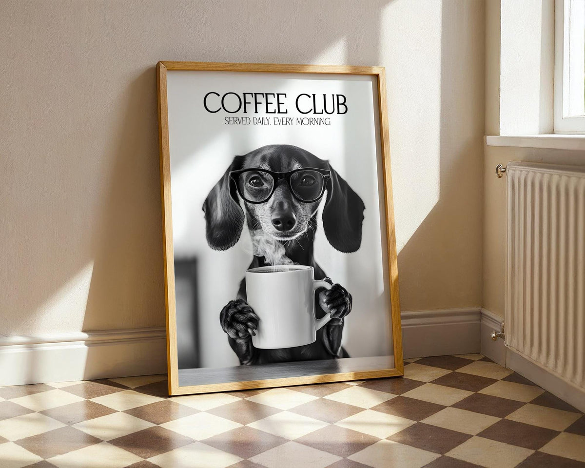 Dachshund Wall Art Print, Sausage Dog Print Funny, Dogs Drinking Poster, Dachshund Art Print For Kitchen, Coffee Club Art A4 A5