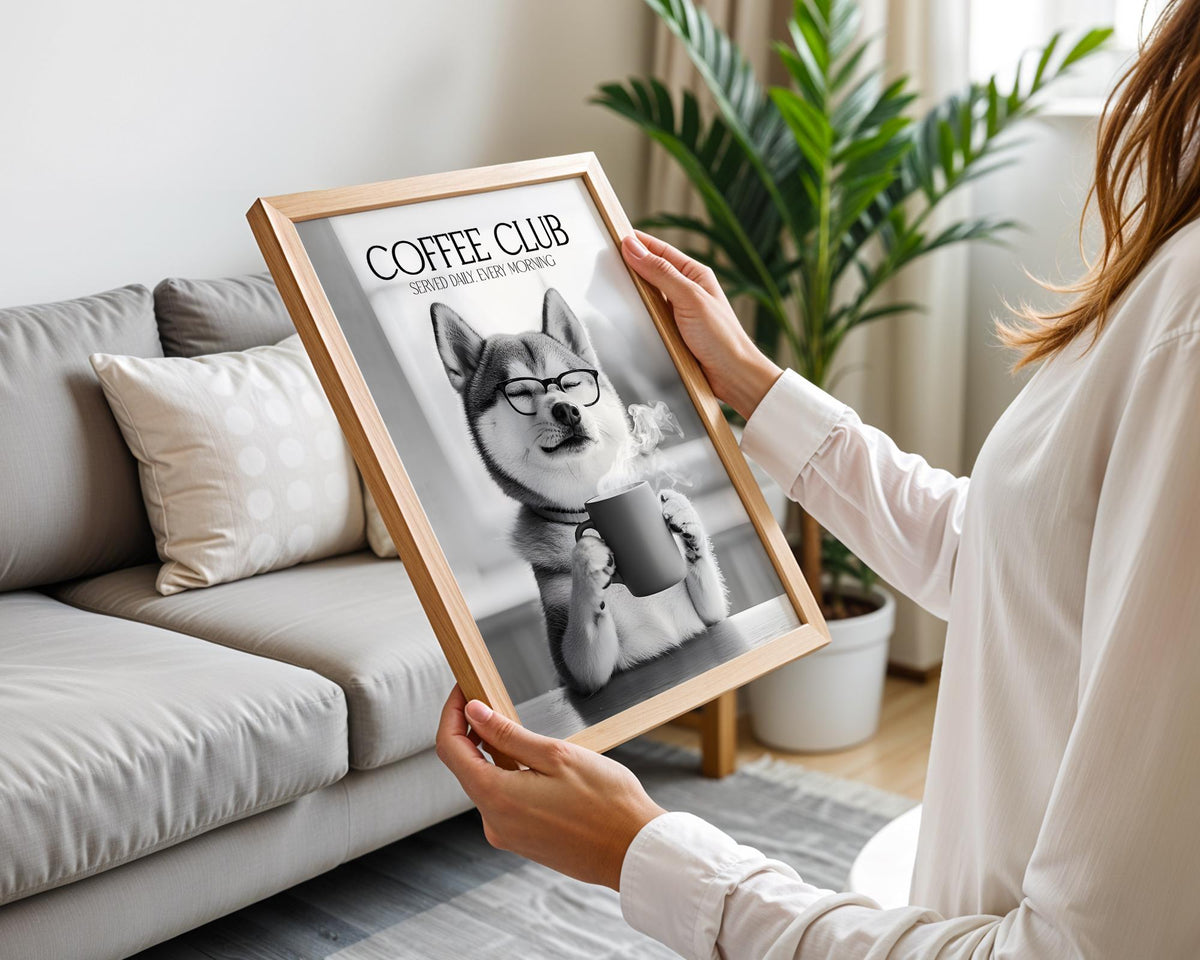 Shiba Inu Print, Funny Dog Kitchen Art, Dogs Drinking Poster, Shiba Inu Gifts For A Pet Owner, Coffee Club Poster, Coffee Lover Gifts A4 A5