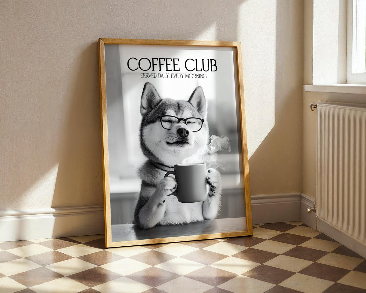 Shiba Inu Print, Funny Dog Kitchen Art, Dogs Drinking Poster, Shiba Inu Gifts For A Pet Owner, Coffee Club Poster, Coffee Lover Gifts A4 A5