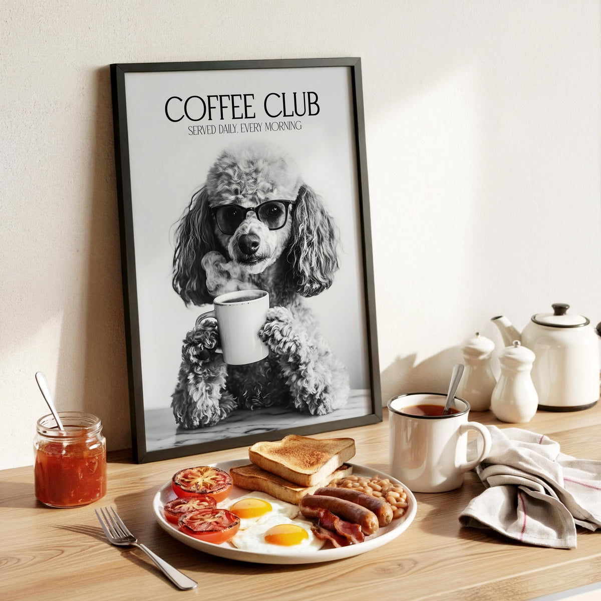 Poodle Print, Poodle Lovers Gift, Black and White Kitchen Wall Decor, Dog Home Decor, Coffee Wall Art For Kitchen, Coffee Machine Print A4