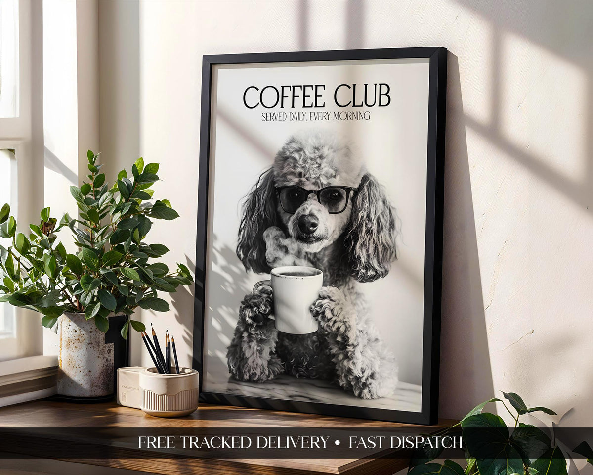 Poodle Print, Poodle Lovers Gift, Black and White Kitchen Wall Decor, Dog Home Decor, Coffee Wall Art For Kitchen, Coffee Machine Print A4