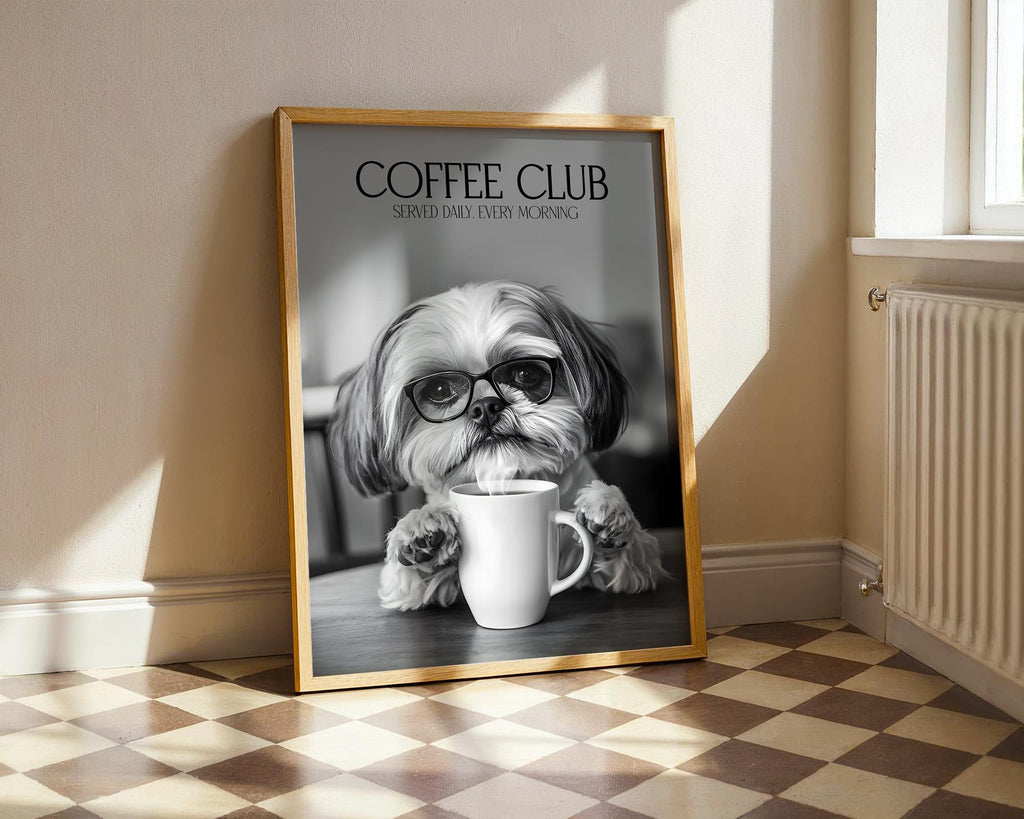Shih Tzu Wall Art, Black & White Dog Posters, Shih Tzu Gift, Funny Animal Gift, Humorous Wall Decor, Animals Drinking Coffee Print A4 A5