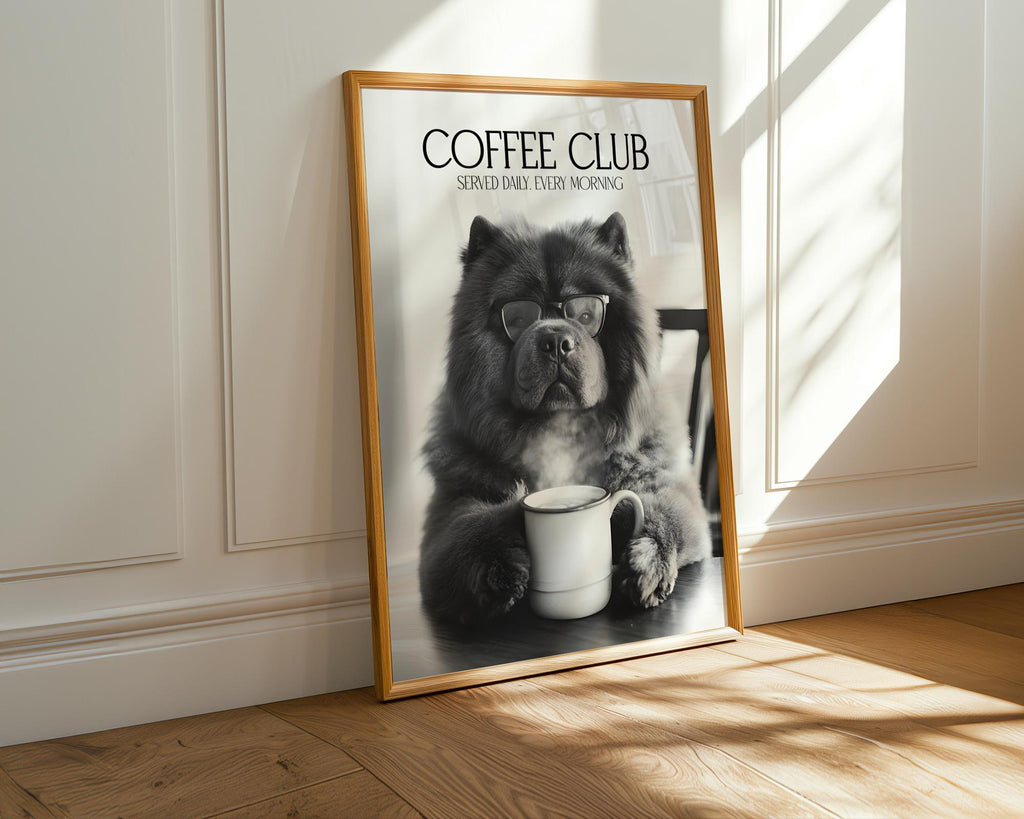 Chow Chow Print, Funny Pet Wall Art, Dogs Drinking Coffee Wall Art, Black and White Kitchen Print, Funny Dog Poster A4 A5
