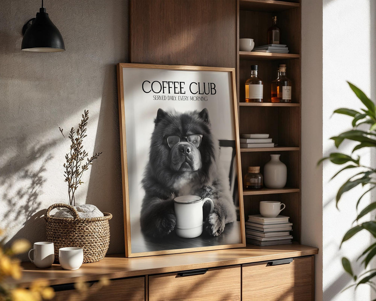 Chow Chow Print, Funny Pet Wall Art, Dogs Drinking Coffee Wall Art, Black and White Kitchen Print, Funny Dog Poster A4 A5
