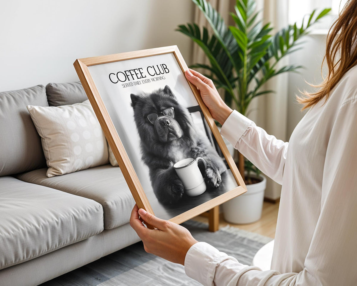 Chow Chow Print, Funny Pet Wall Art, Dogs Drinking Coffee Wall Art, Black and White Kitchen Print, Funny Dog Poster A4 A5