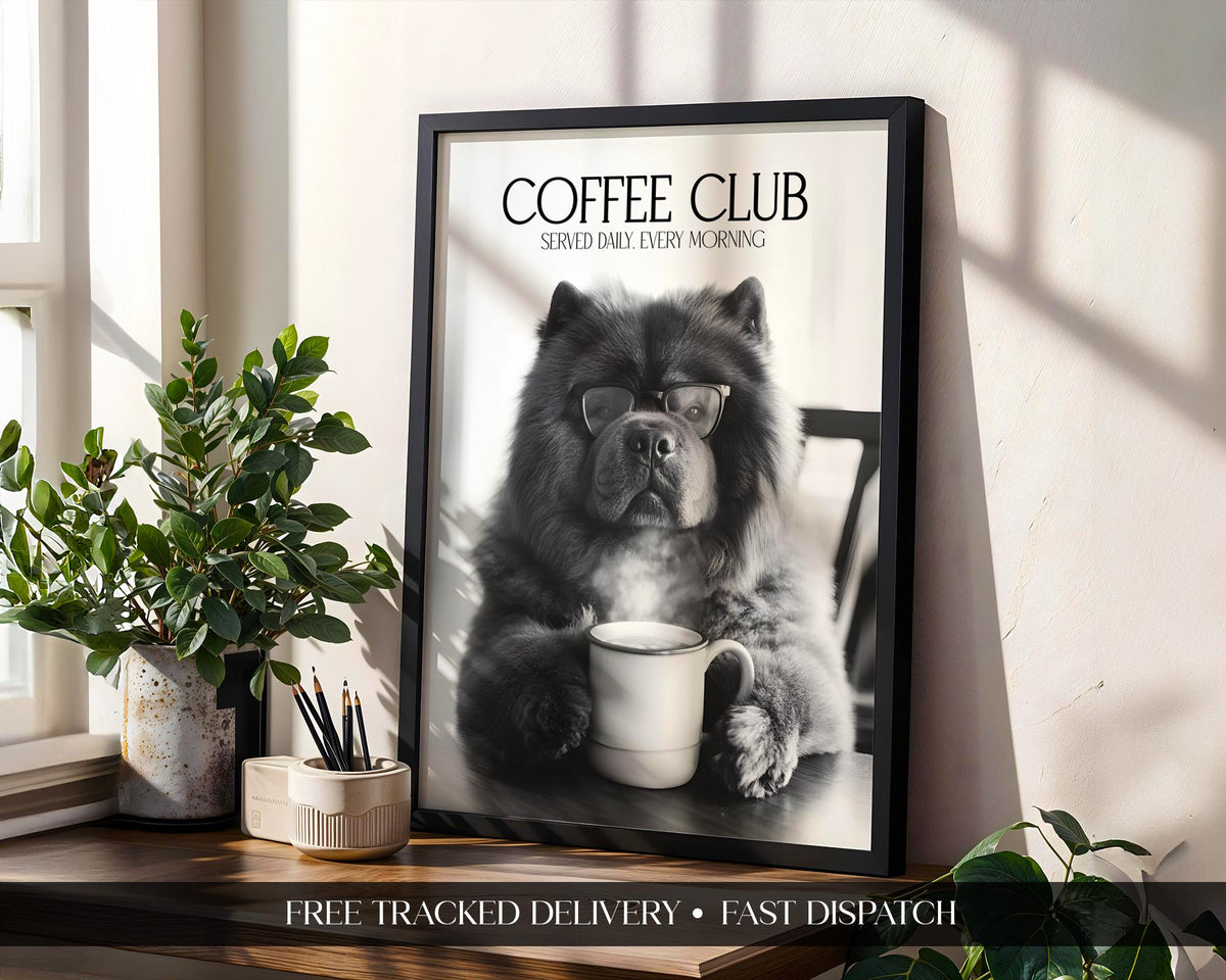 Chow Chow Print, Funny Pet Wall Art, Dogs Drinking Coffee Wall Art, Black and White Kitchen Print, Funny Dog Poster A4 A5