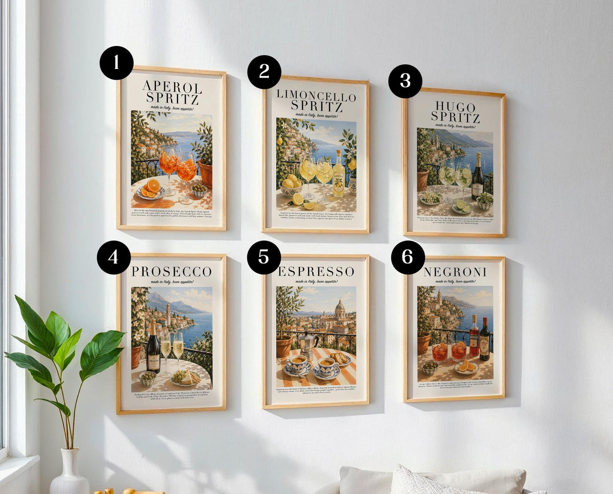 Italian Drinks Poster Set,  Aperitivo Prints, Italy Travel Prints, Coffee Wall Art, Mediterranean decor, Cocktail Prints, Italian Gift A4 A3
